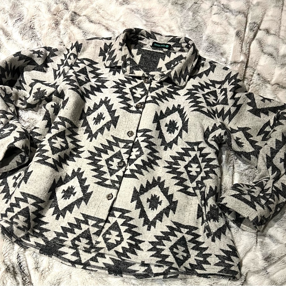 Sterling Kreek Wool  Aztec Print Button-Up Jacket - Black & Cream 2X